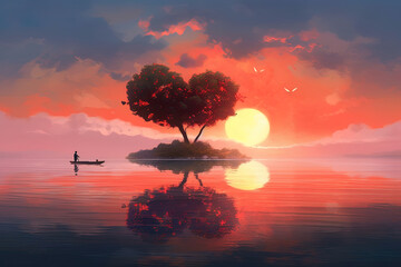 Fototapeta na wymiar Illustration of the scene with sunset, fisherman, boat, island with tree and water