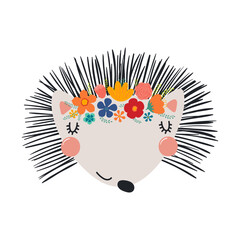 Cute funny hedgehog face in flower crown, floral wreath cartoon character illustration. Hand drawn Scandinavian style flat design, isolated vector. Kids print element, summer blooms, blossoms