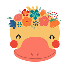 Cute funny duck face in flower crown, floral wreath cartoon character illustration. Hand drawn Scandinavian style flat design, isolated vector. Kids print element, summer blooms, blossoms