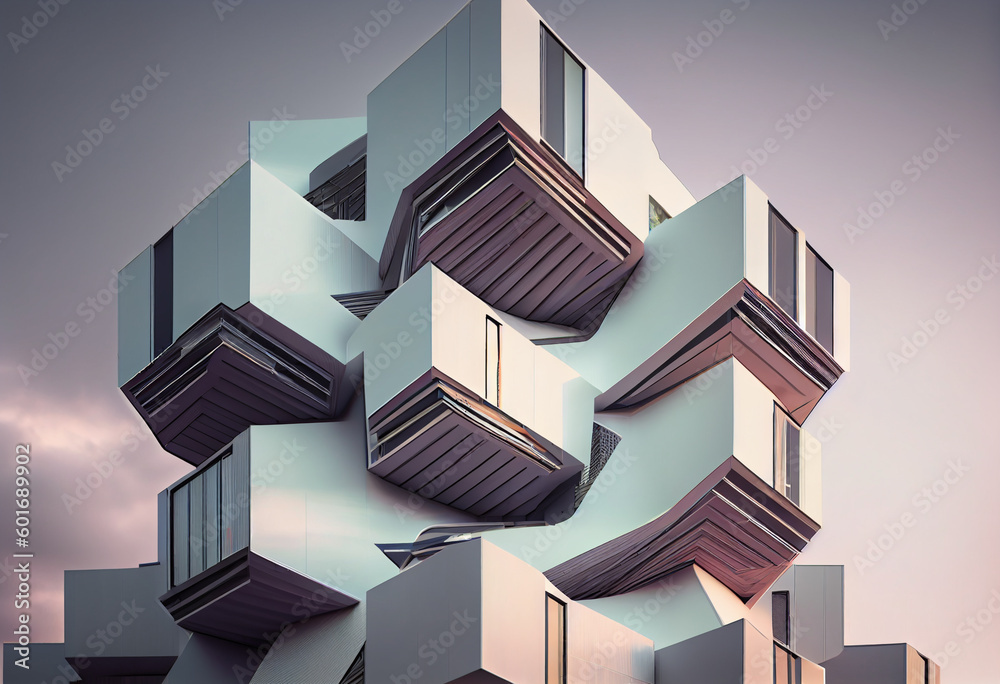 Poster an office building with a façade that features a series of metal louvers, providing shade and privac