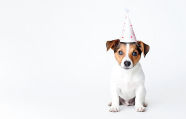 AI generative. Puppy Jack russell in birthday hat on a white background.