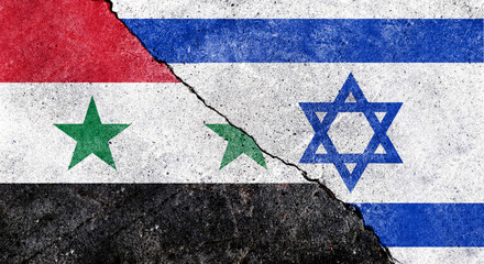Double exposure of Israel flag with Syria flag. Describe Israel's retaliatory airstrikes in Syria. Israeli police clashes with Muslims. Tensions in the Middle East are escalating.
