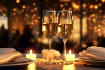 two glasses of champagne on a table with candles. Generative Ai