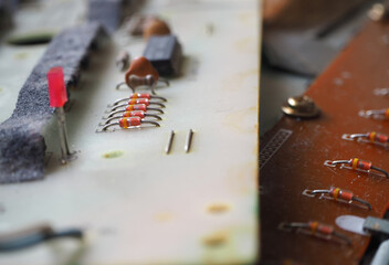 Zener diodes on electronic circuit board. Semiconductor components. Selected focus.