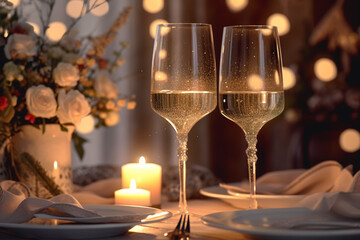 two glasses of champagne are set on a table with candles. Generative Ai