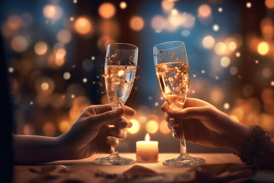 two people toasting champagne glasses with candles. Generative Ai