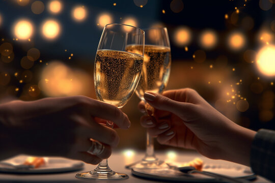 two people toasting champagne glasses with sparklers. Generative Ai
