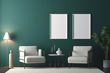 two white chairs and a green wall in a living room. Generative Ai