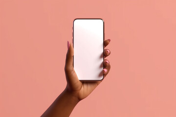 Fototapeta na wymiar woman holding a white phone with a blank screen. Generative Ai