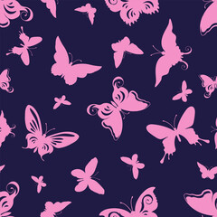 Seamless pattern with pink butterflies on a purple background.