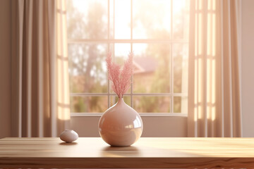 vase sits on a table in front of a window. Generative Ai