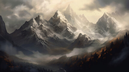 Góry, mgła, ilustracja, krajobraz