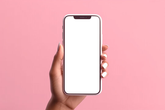 woman holding a white iphone with a blank screen. Generative Ai