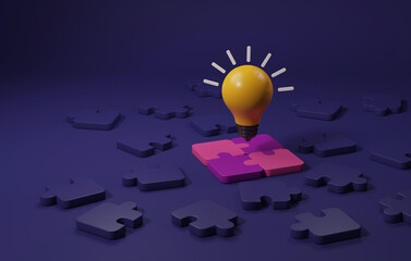 Yellow light bulb on jigsaw puzzle piece on purple background.