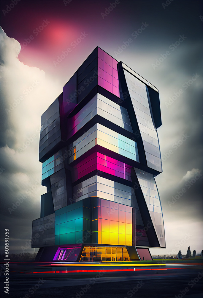 Aufkleber A striking office building with a facade made of brightly-colored panels, creating a playful and energetic appearance. Generative AI technology.