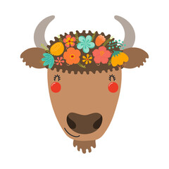 Cute funny bison face in flower crown, floral wreath cartoon character illustration. Hand drawn Scandinavian style flat design, isolated vector. Kids print element, summer blooms, blossoms