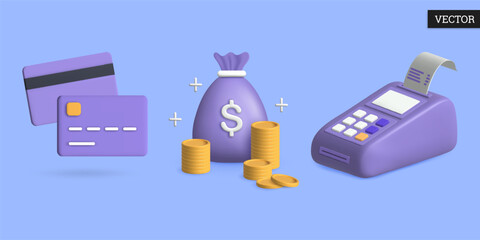 Business and finance 3D icon set. Payment terminal, money bag and credit card. Design element for financial transactions in cartoon style. Vector illustration.