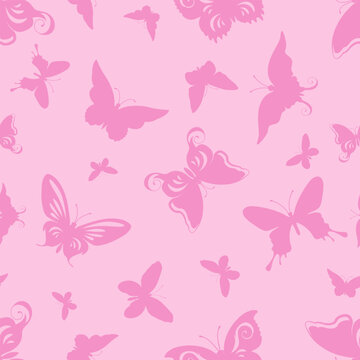 Seamless pattern with pink butterflies on a pink background.