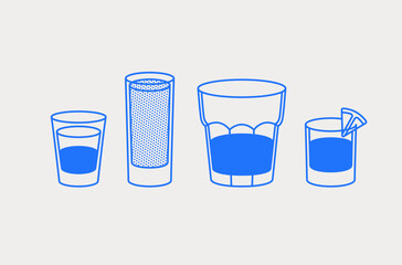 Different short cocktails and alcoholic drinks. Line art, retro. Vector illustration for bars, cafes, and restaurants.