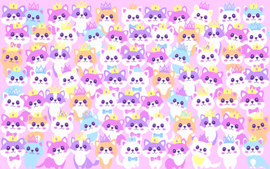 Obraz premium Lots of cute colorful kawaii kittens wearing crowns on pink background in flat vector style.