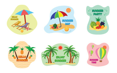 Vector illustration of summer season, summer holiday, travel, beach, umbrella, balloon, palm tree, vacation, sun.