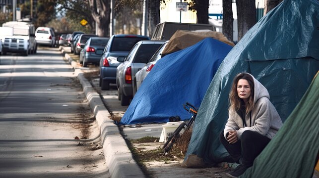 Lonely homeless woman living among road in tent, dirty tramp was deceived by fraudsters estate agents and lost his housing, sad homeless vagrant woman lives on street in tent, generative AI