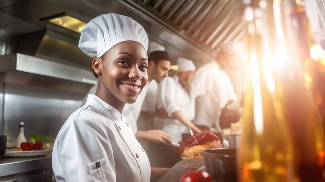 Smiling black woman chef cook in restaurant kitchen cook new dishes for restaurant customers, happy female chef loves his job with team of professional cooks in kitchen, generative AI