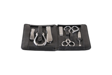 men's manicure set in a leather case, isolated on white