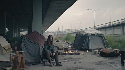 Lonely homeless woman living under bridge in tent, dirty tramp was deceived by fraudsters estate agents and lost his housing, sad homeless vagrant woman lives on street in tent, generative AI - obrazy, fototapety, plakaty