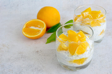 A glass of yoghurt with chia seeds and orange slices on the table