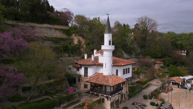 aerial view of the palace nestled in the botanical garden in Balchik, Bulgaria. This historic landmark is a testament to the fusion of different cultures and styles in architecture.