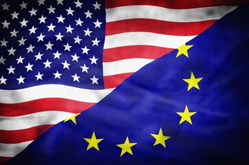 United States of America and European Union mixed flag. Wavy flag of United States of America and...