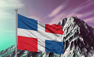 Dominican Republic. national flag cloth fabric waving on beautiful sky mountain Background.