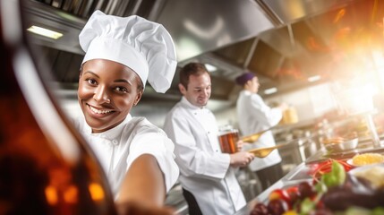 Smiling black woman chef cook in restaurant kitchen cook new dishes for restaurant customers, happy female chef loves his job with team of professional cooks in kitchen, generative AI