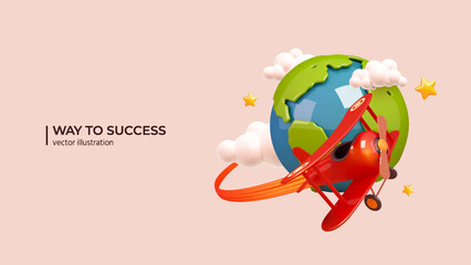 Toy Airplane conquering Space - 3D Concept to Success. Realistic 3d design of Way to Success Cover Poster, Persentation, Social Media Poster in cartoon minimal style.