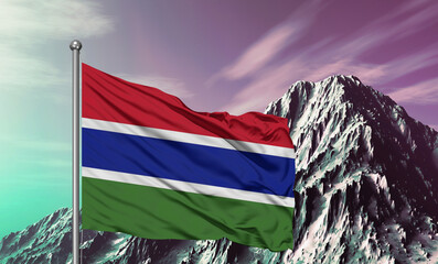 The Gambia national flag cloth fabric waving on beautiful sky mountain Background.