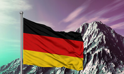 Germany national flag cloth fabric waving on beautiful sky mountain Background.