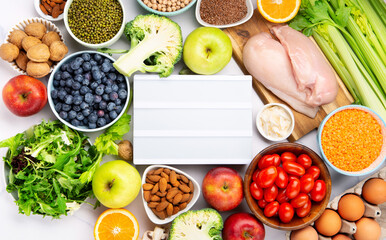 Fresh Ingredients for Dietary, Vegetables, Fruits, Nuts, Meat for Weight Loss on White Background