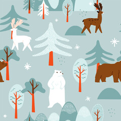 Winter seamless pattern with a snowy forest, a polar bear, a grizzly bear, deers in the woods. Kids vector animal repeat