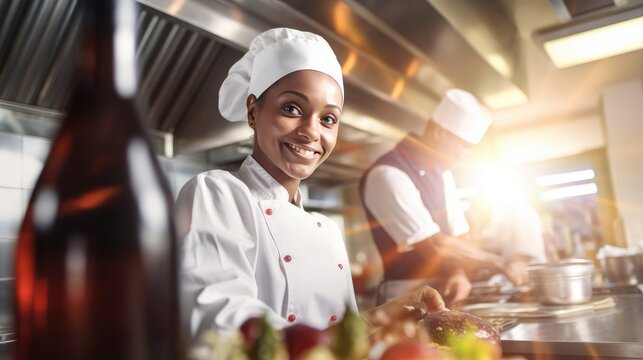 Smiling black woman chef cook in restaurant kitchen cook new dishes for restaurant customers, happy female chef loves his job with team of professional cooks in kitchen, generative AI