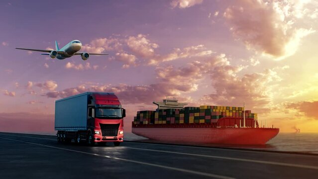 Transportation worldwide by ship, plane, train and truck. Concept of logistics.
