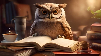 Foto op Plexiglas A wise owl perched on a stack of books reading a novel Generative AI © John
