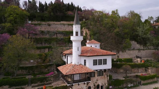 aerial view of the palace nestled in the botanical garden in Balchik, Bulgaria. This historic landmark is a testament to the fusion of different cultures and styles in architecture.