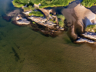 drone top view of beautiful green river with sandbar