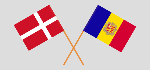 Crossed flags of Denmark and Andorra. Official colors. Correct proportion