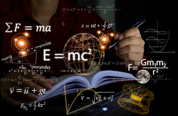 Physics equations floating in the background, hands writing in notebooks on work tables,...