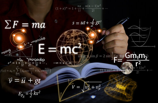 Physics equations floating in the background, hands writing in notebooks on work tables, representing the learning teaching or scientific notes of Albert Einstein and Sir Isaac Newton or physics all