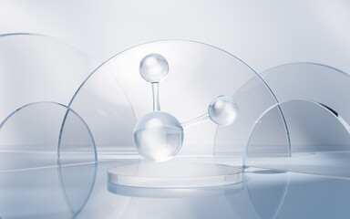 Molecule with glass geometry background, 3d rendering.