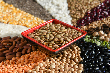 Bowl with raw white lentils on various seeds grain