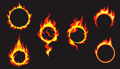 Set cartoon rings fire flames.